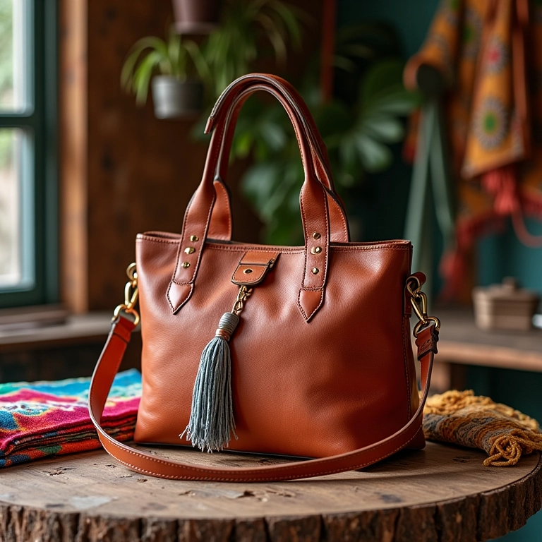 Bolsa ANACAPRI em mesa rústica com artesanato brasileiro.