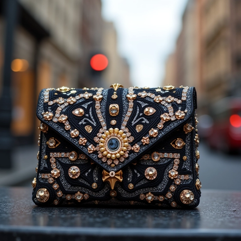 Bolsa clutch Isla com detalhes em pedraria em fundo urbano.