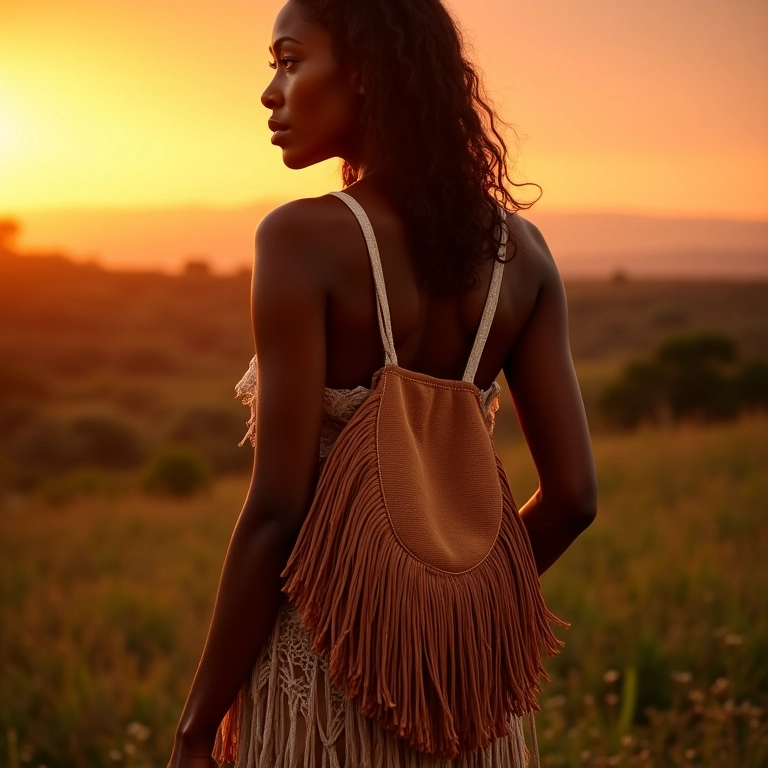 Bolsa com franjas em cena de pôr do sol brasileiro com look boho-chic.