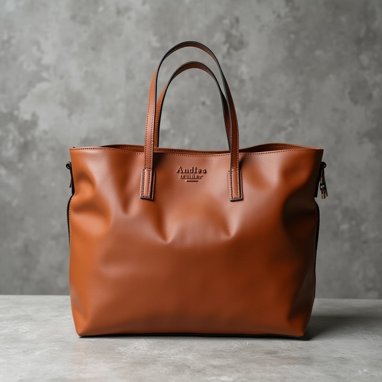 Bolsa de couro minimalista Andrea Muller em fundo de concreto.