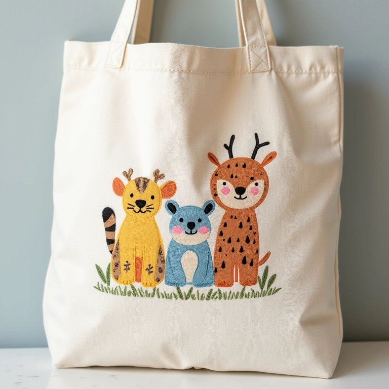 Bolsa de tecido com bordado de animais fofos em tons pastel.