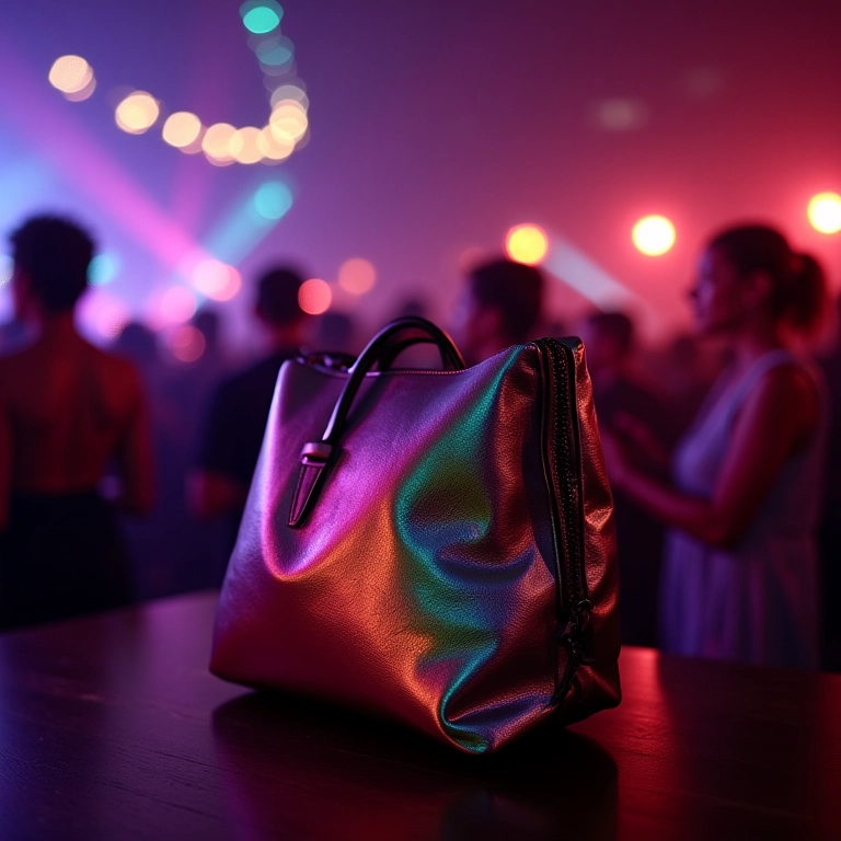 Bolsa metalizada em noite de festa vibrante em São Paulo.
