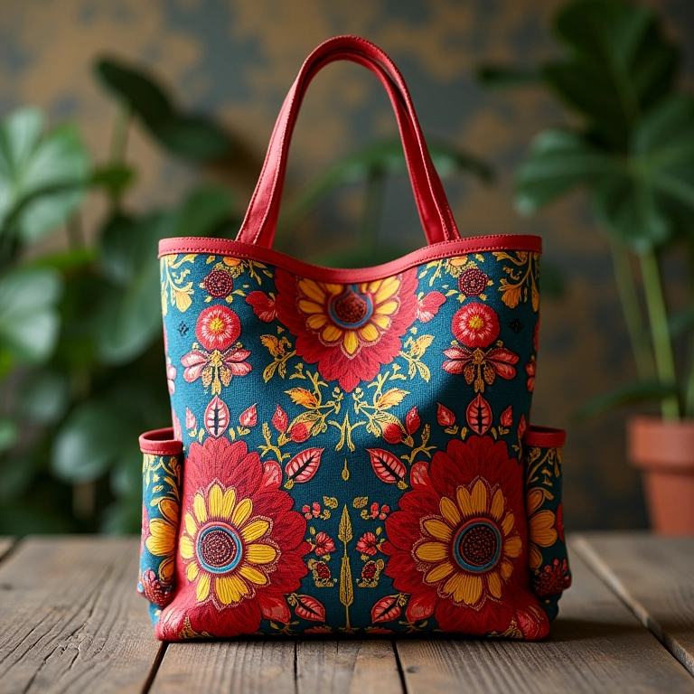 Bolsa sacola com bordado e bolsos extras.