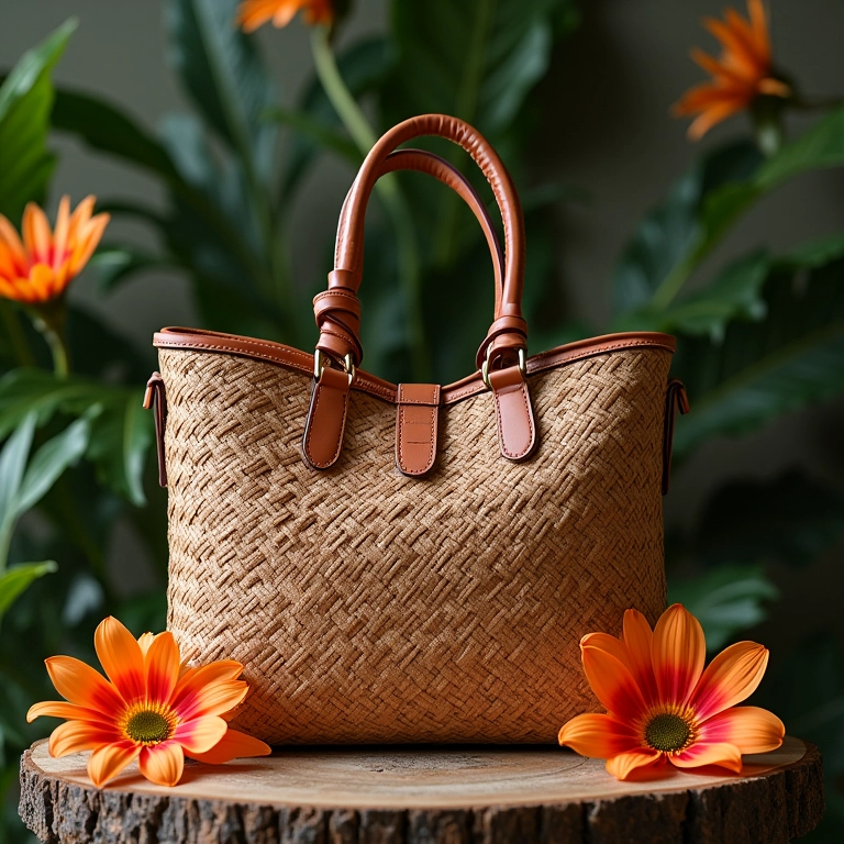 Bolsa Serpui Marie em mesa rústica com flores tropicais.