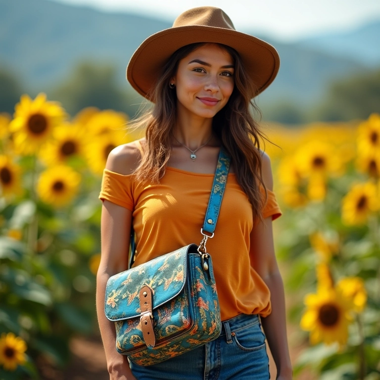 Bolsa tiracolo repaginada usada por jovem estilosa em cenário brasileiro vibrante.