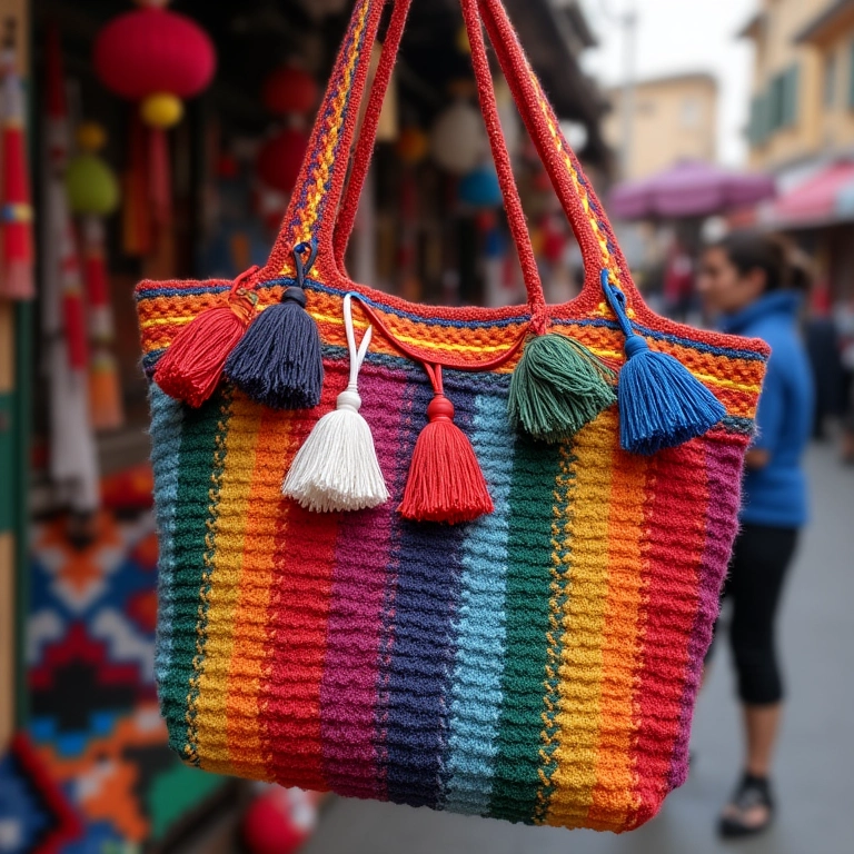 Bolsa tote Nannacay colorida em banca de mercado vibrante.