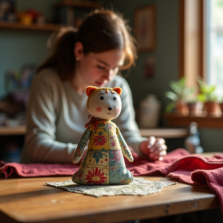 Boneca de pano artesanal com vestido colorido e expressão amigável.