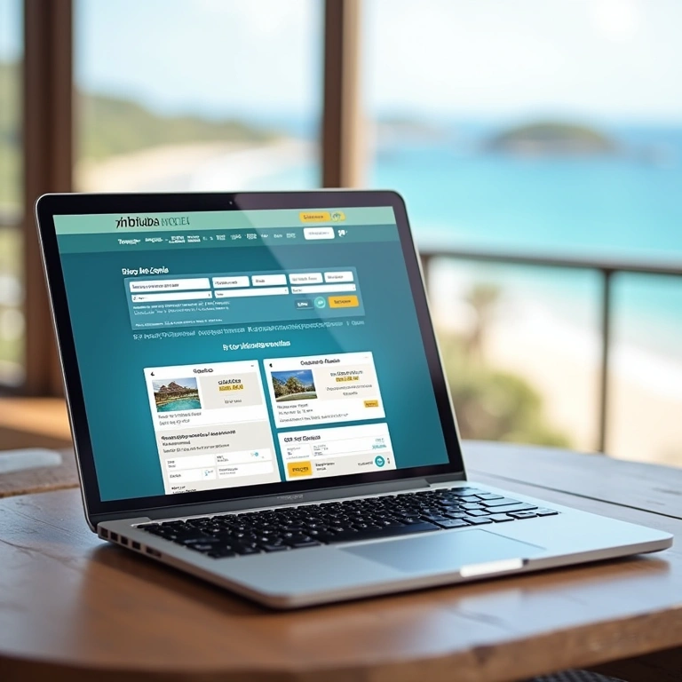 Booking website showing Imbituba hotel deals, laptop on a desk. Beach view in the background. Site de reservas de hotéis com ofertas em Imbituba.