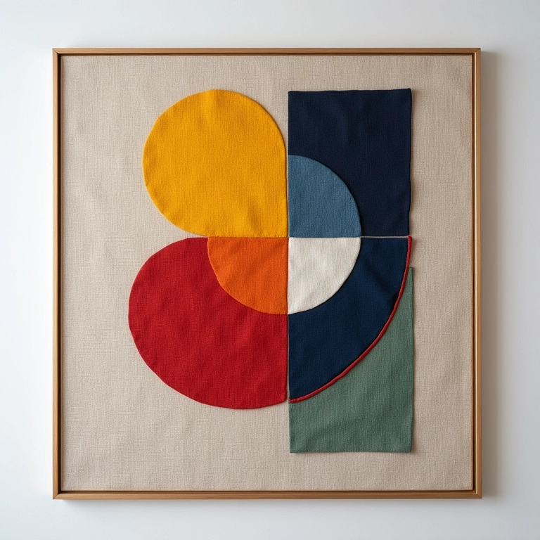 Bordado geométrico moderno com cores vibrantes em linho.