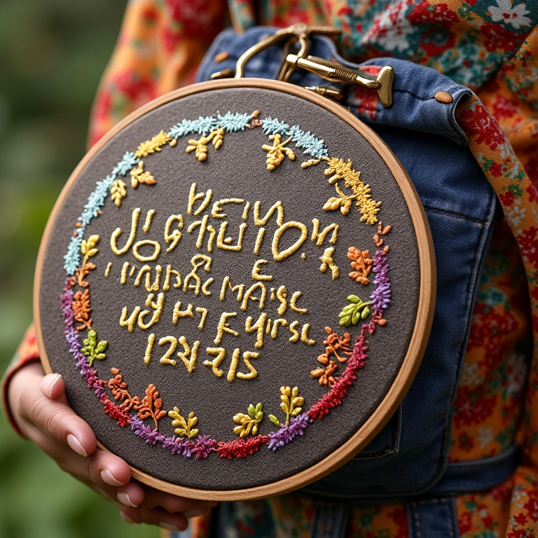 Bordados com frases inspiradoras em hebraico, arte e tradição.