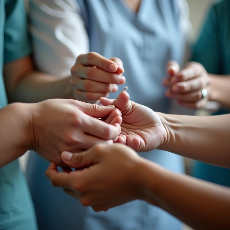 Braços recebendo vacinas de profissionais de saúde.