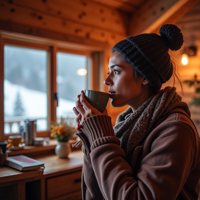 Brasileira bebendo chocolate quente em chalé nos Alpes Suíços no inverno.