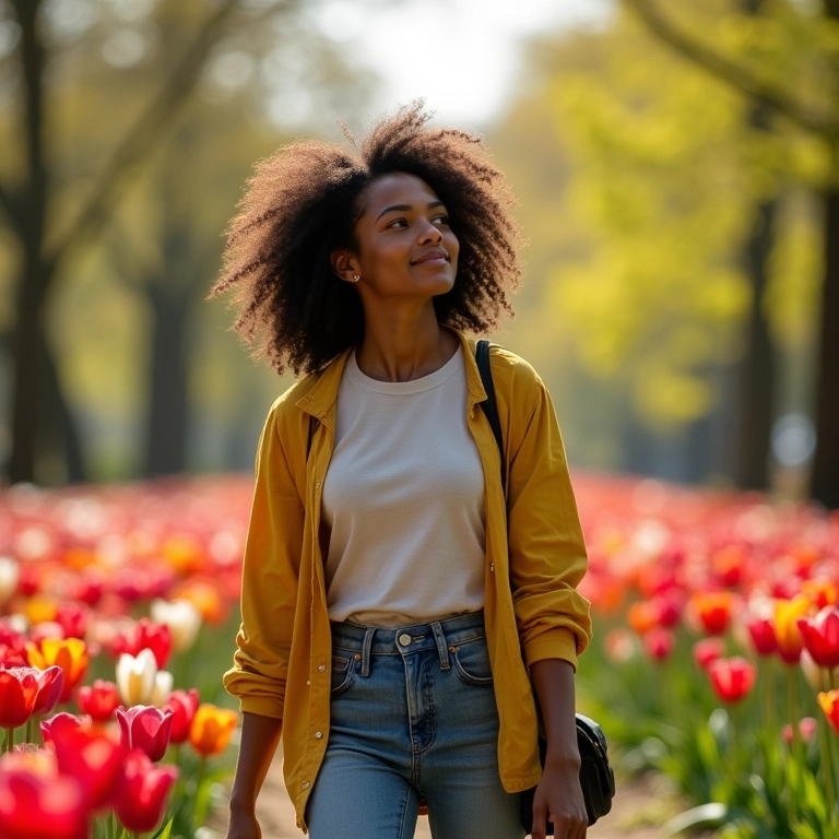 Brasileira caminhando em parque de Amsterdam na primavera, cercada por tulipas.