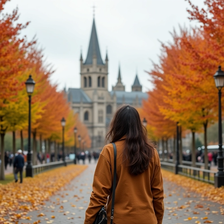 Brasileira caminhando perto da Torre de Londres, cores vibrantes de outono.