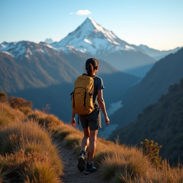 Brasileira fazendo trilha nas montanhas da Nova Zelândia, paisagem deslumbrante.
