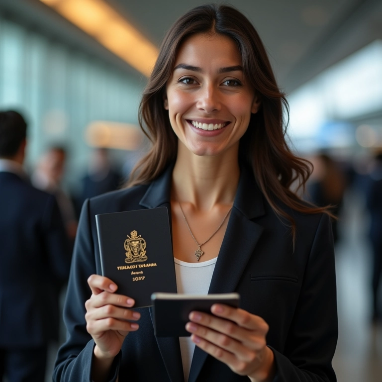 Brasileira sorrindo ao apresentar passaporte e visto no aeroporto de Heathrow.