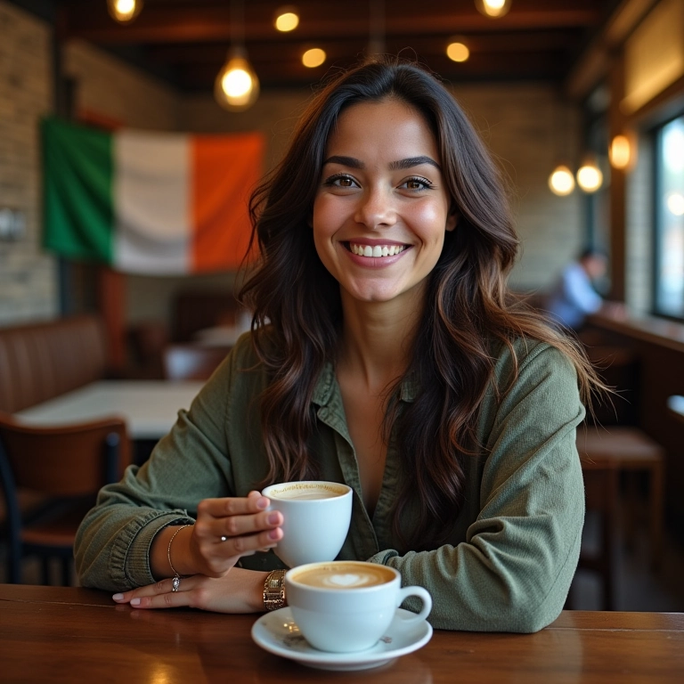 Brasileira sorrindo em café aconchegante em Dublin, bandeira da Irlanda visível.