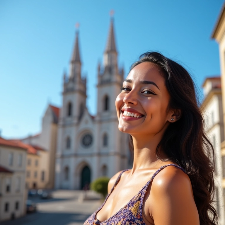 Brasileira sorrindo em frente à Catedral de Lisboa, Portugal.