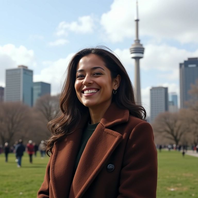 Brasileira sorrindo em parque de Toronto, com a CN Tower ao fundo.