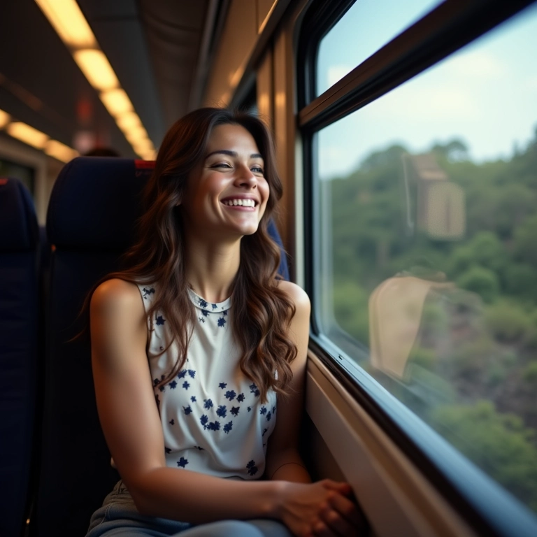 Brasileiras rindo dentro de um trem moderno na Inglaterra.