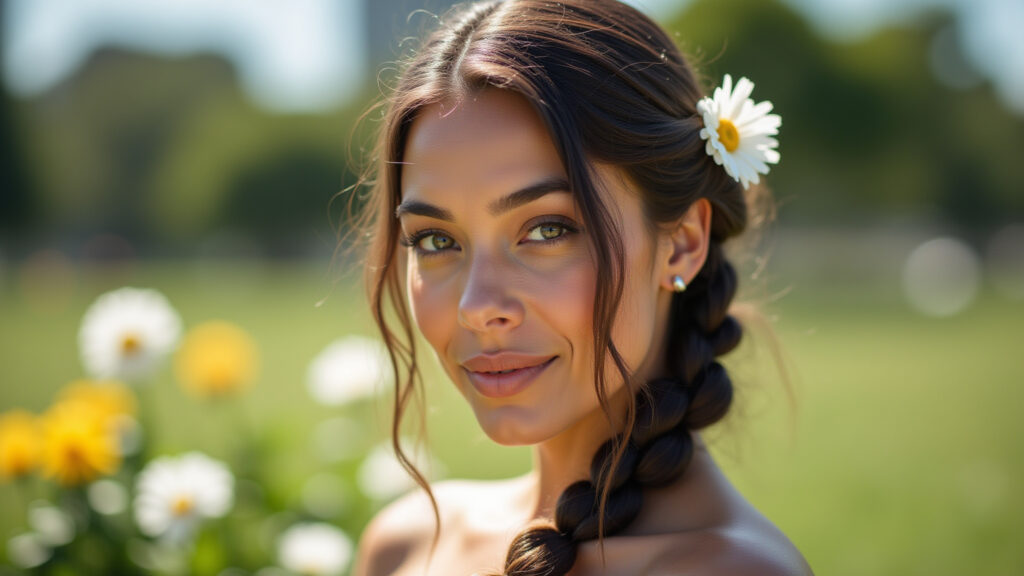 Brazilian woman with a loose side braid, flowers, natural light, park background, summer vibe, Trança lateral despojada com flores, look relaxado.