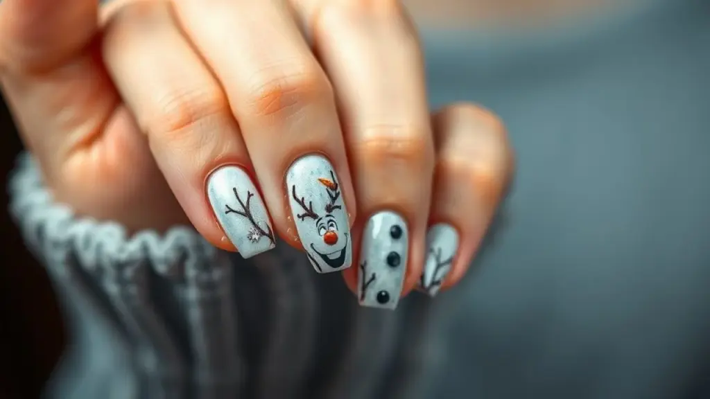 Brazilian woman's hand showing off a nail entirely painted with Olaf's body, showcasing intricate Unha inteira do Olaf: design ousado e criativo para fãs de Frozen no Brasil.