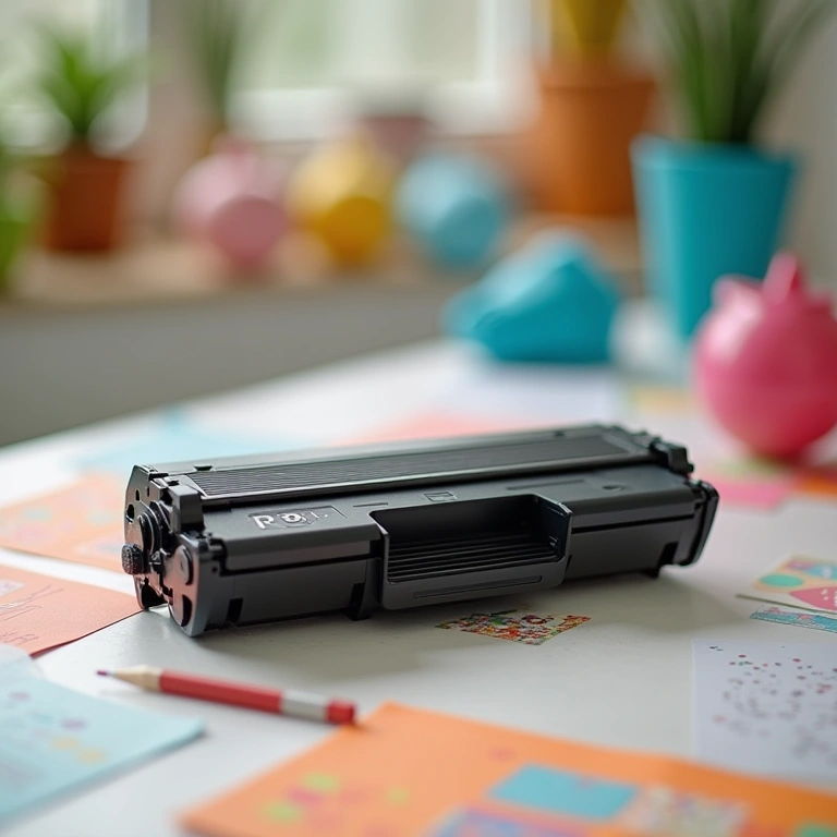 Brother toner cartridge with paper crafts in background. Lifestyle photography, 8K quality, sharp Toner Brother e artesanato em papel.