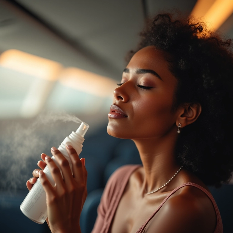 Bruma facial refrescante em voo.