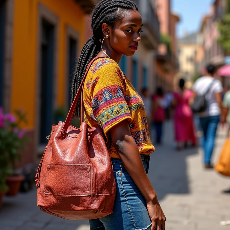 Bucket bag charmosa em cenário de rua colorida na Bahia.