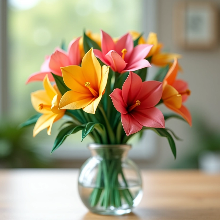 Buquê de flores de origami em vaso sobre mesa com iluminação natural e estilo Farm Rio.
