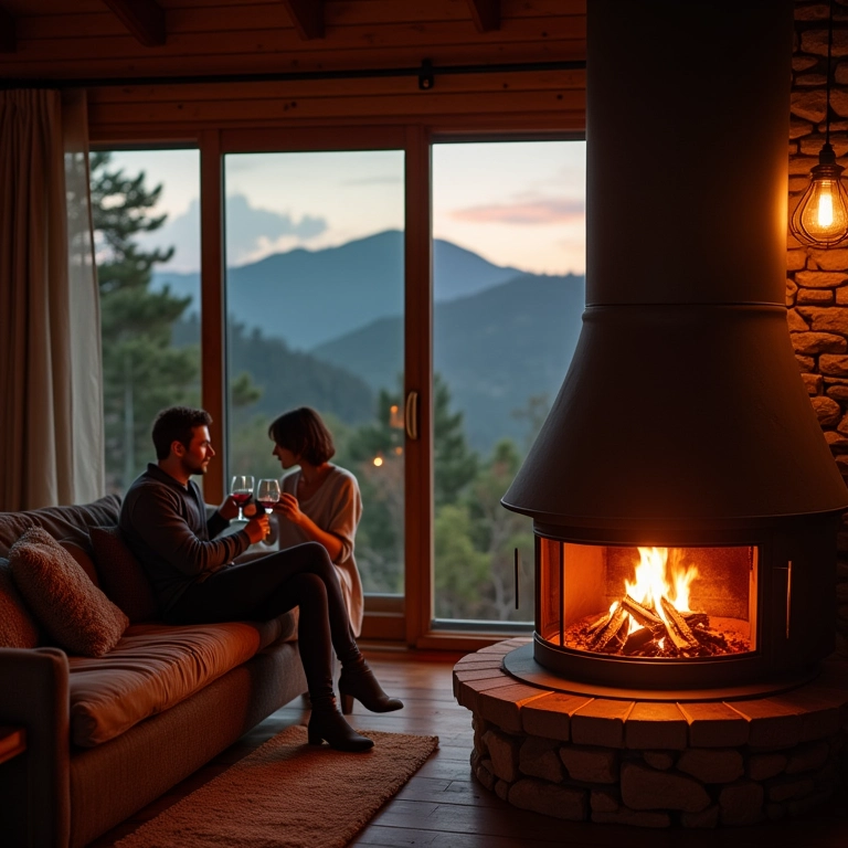 Cabana aconchegante na Serra Catarinense com lareira e casal apreciando vinho.