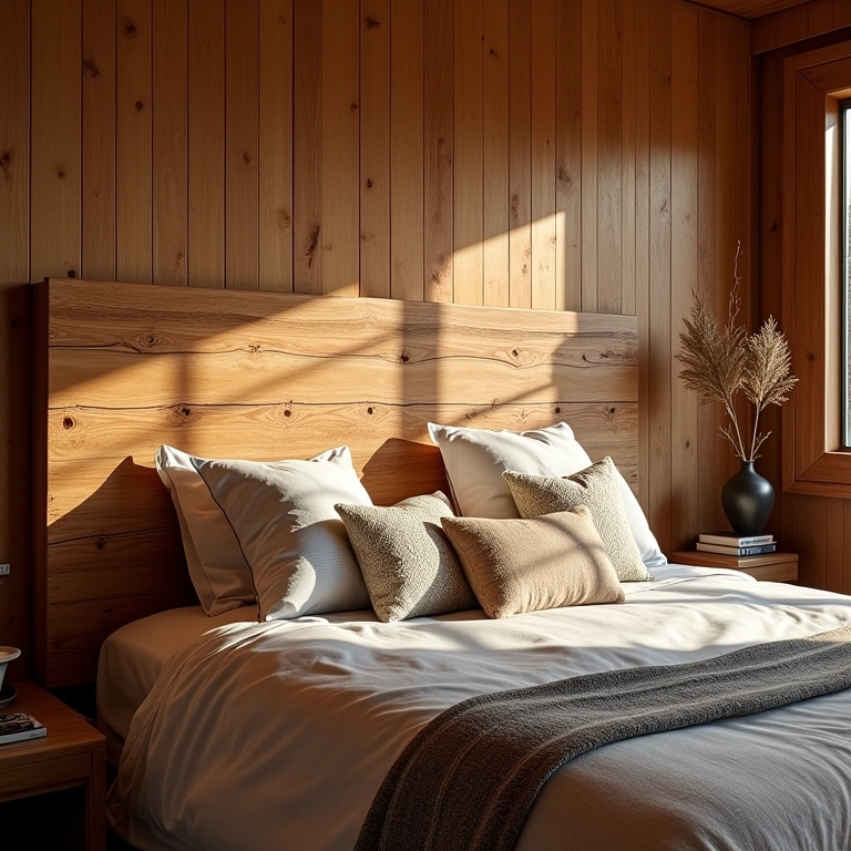 Cabeceira de cama feita com madeira antiga em quarto com estilo rústico.