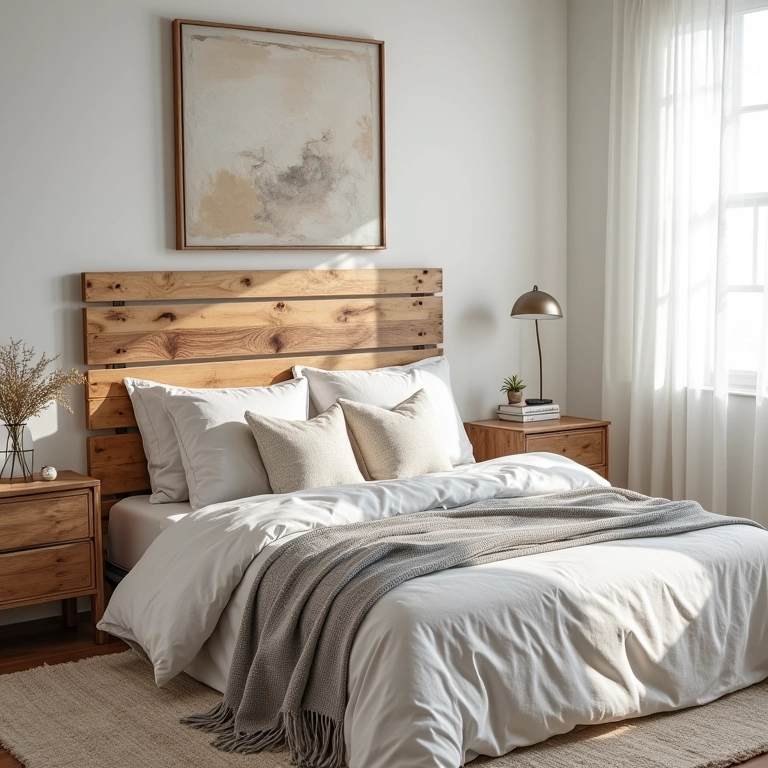 Cabeceira de pallet em quarto minimalista com têxteis brasileiros.