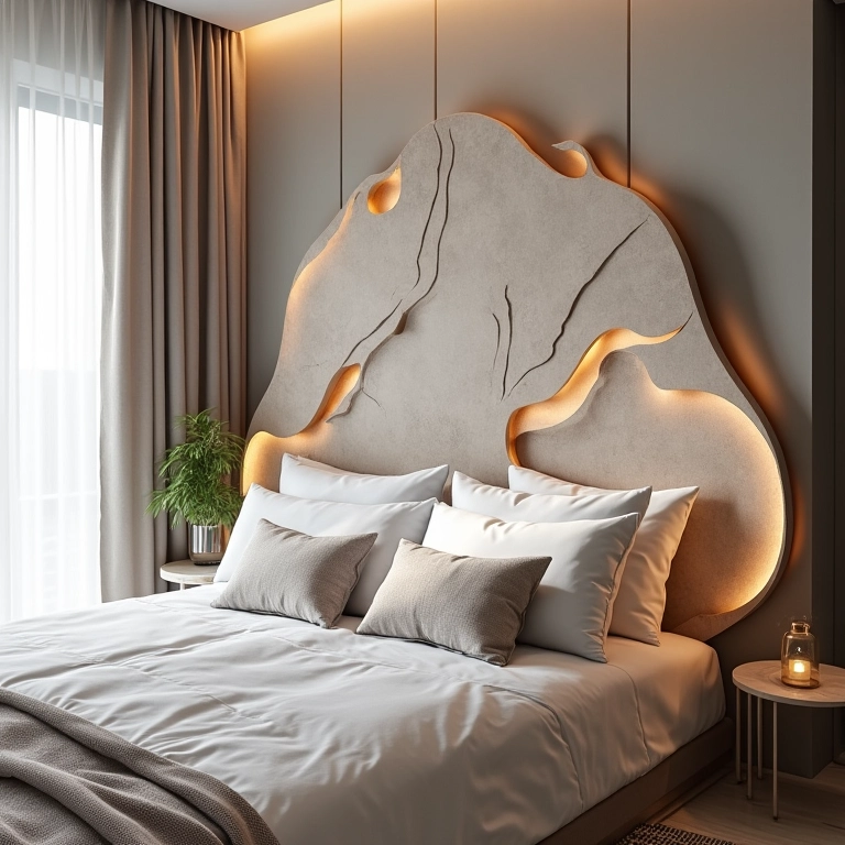 Cabeceira DIY com formato diferenciado em quarto moderno com design brasileiro.