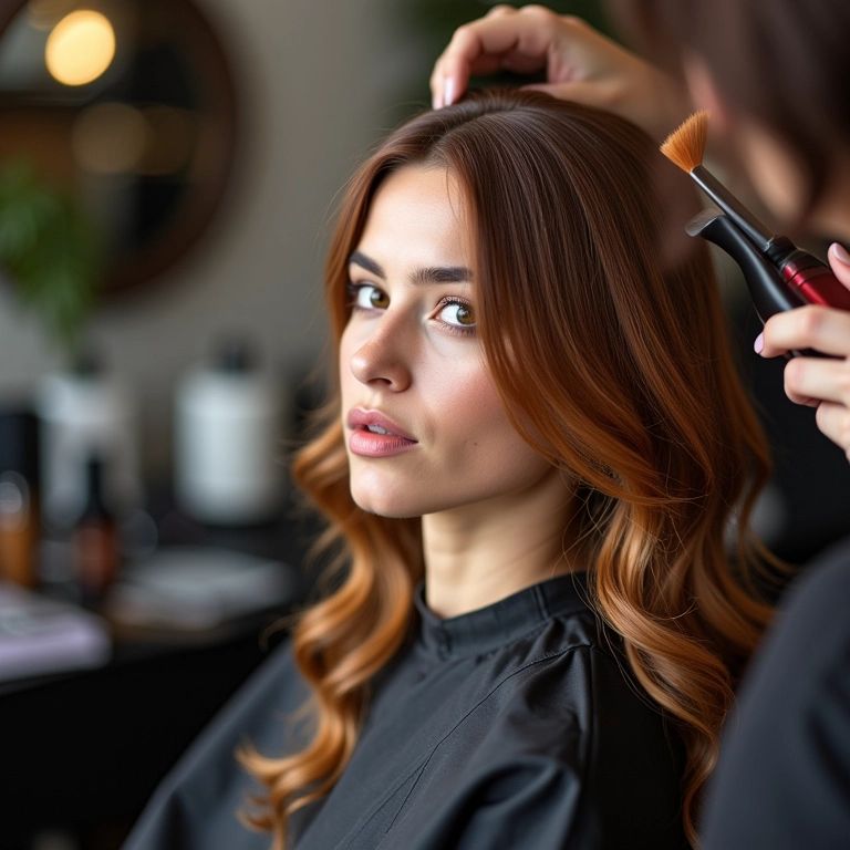 Cabeleireiro aplicando técnica de coloração no cabelo de uma mulher.
