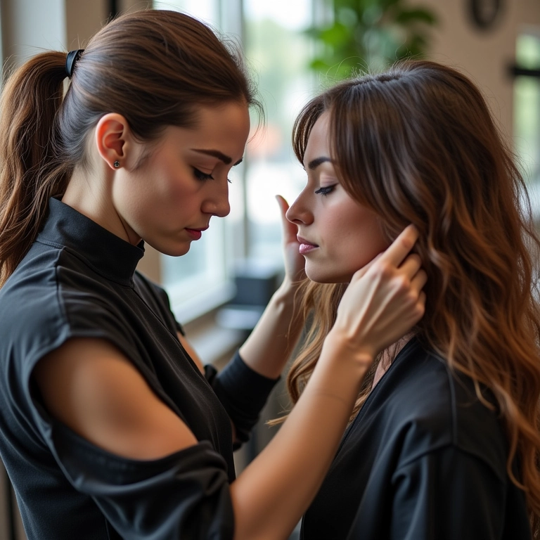 Cabeleireiro avaliando a cor do cabelo da cliente.