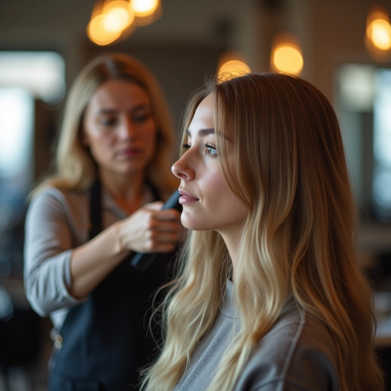 Cabeleireiro cortando as pontas danificadas do cabelo de uma mulher.