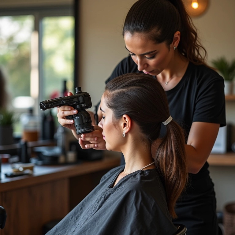 Cabeleireiro utilizando máquina de corte bordado em cliente em salão moderno.