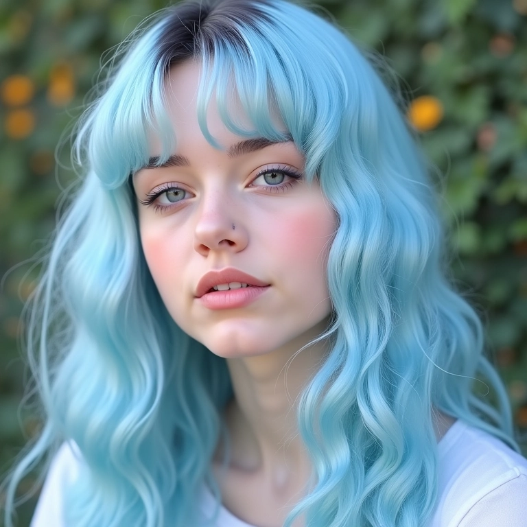 Cabelo azul pastel com ondas suaves, um visual delicado inspirado em Billie Eilish.