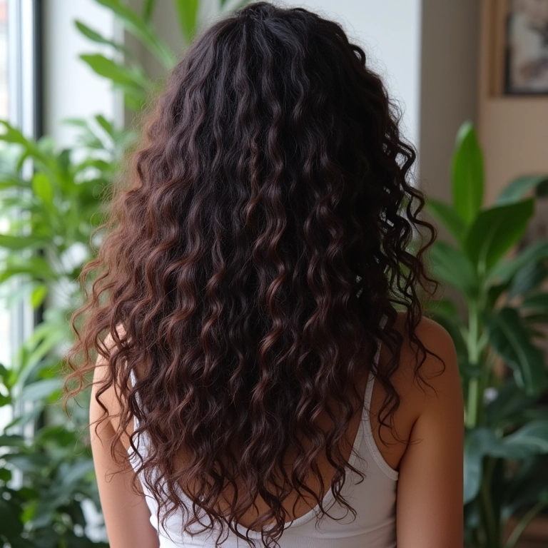 Cabelo cacheado com cachos definidos em ambiente interno.