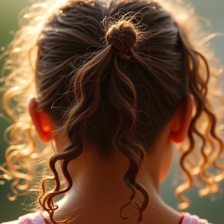 Cabelo cacheado com nós de fada em close-up.