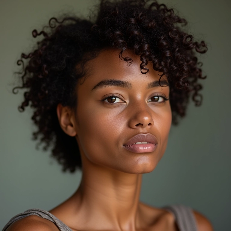 Cabelo cacheado curto com efeito molhado (wet hair) modelado com gelatina.