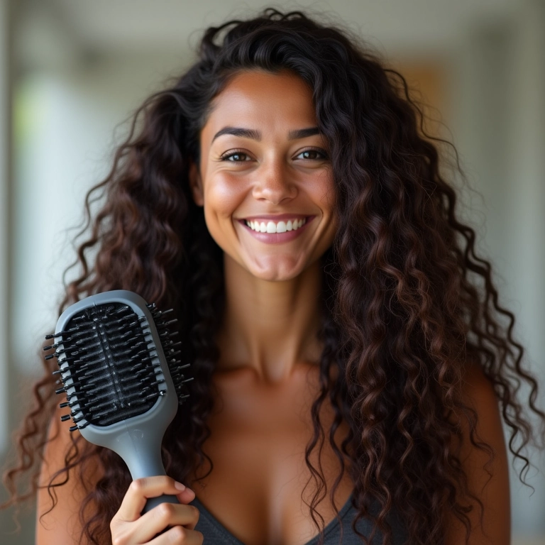 Cabelo cacheado longo e volumoso sendo modelado com difusor de pinos longos.