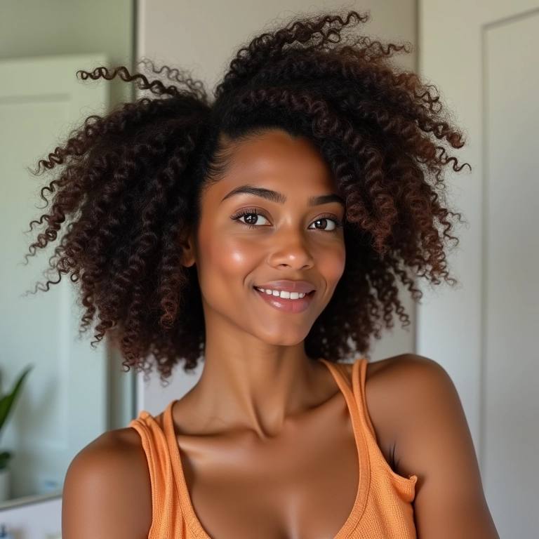 Cabelo cacheado sendo finalizado com a técnica de plopping para volume e redução do frizz.