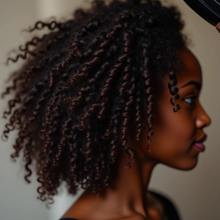 Cabelo cacheado sendo modelado com difusor de cúpula para controlar o frizz.