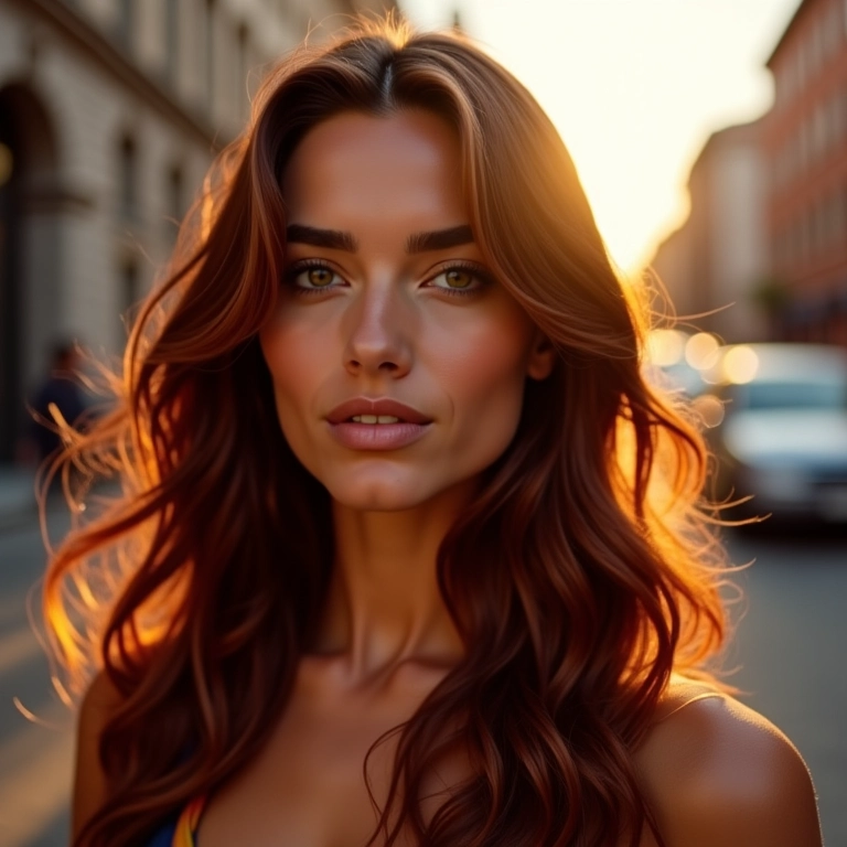 Cabelo castanho com luzes acobreadas, iluminado pelo sol em ambiente urbano.