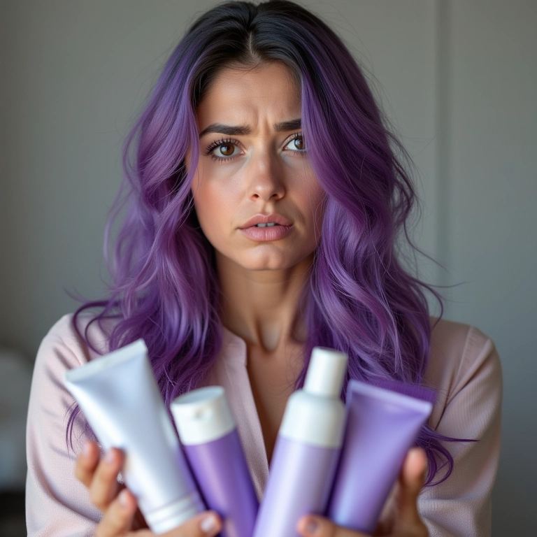 Cabelo chumbado: mulher preocupada com o tom arroxeado.