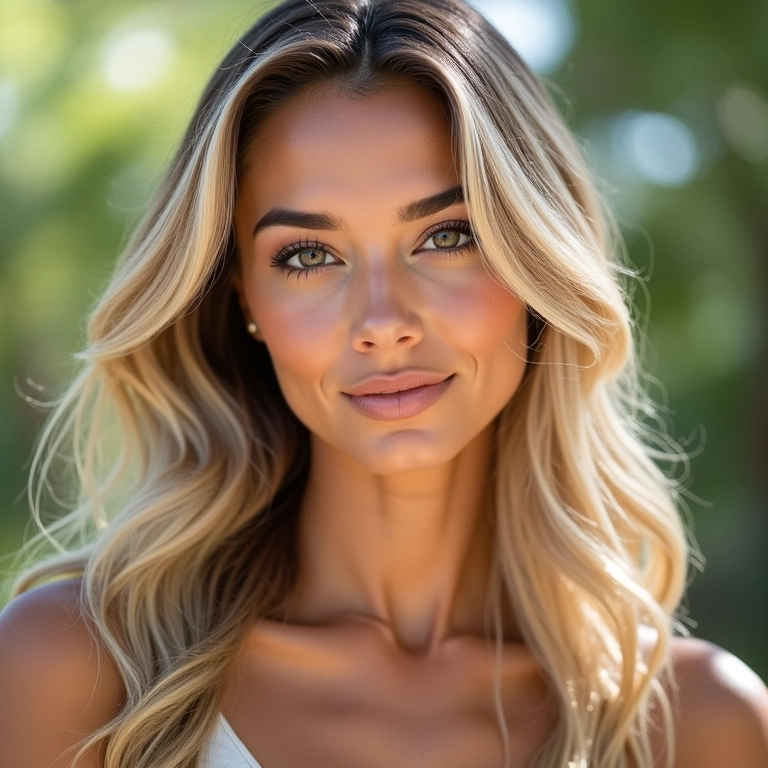 Cabelo com luzes baunilha, maquiagem natural e iluminação suave.