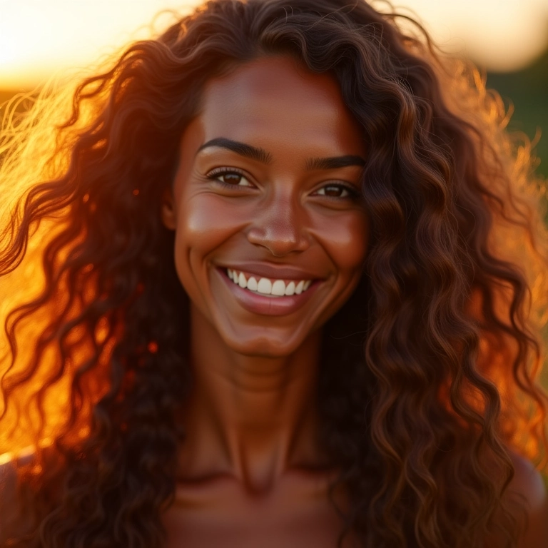 Cabelo comprido e brilhante de mulher brasileira sorrindo.
