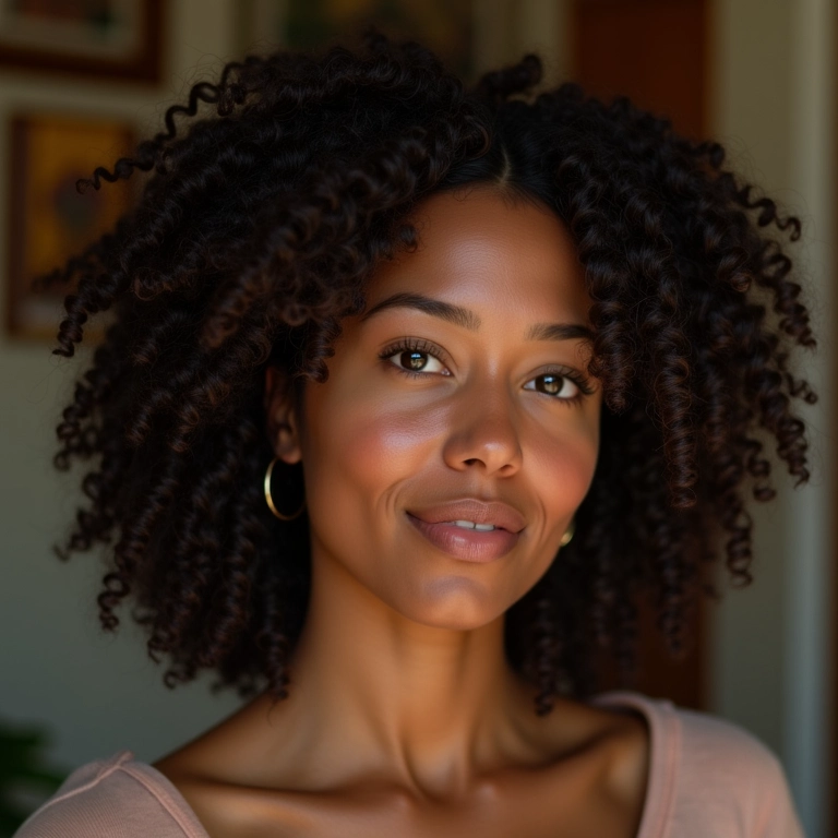 Cabelo crespo 4A definido e hidratado com umectação e fitagem.